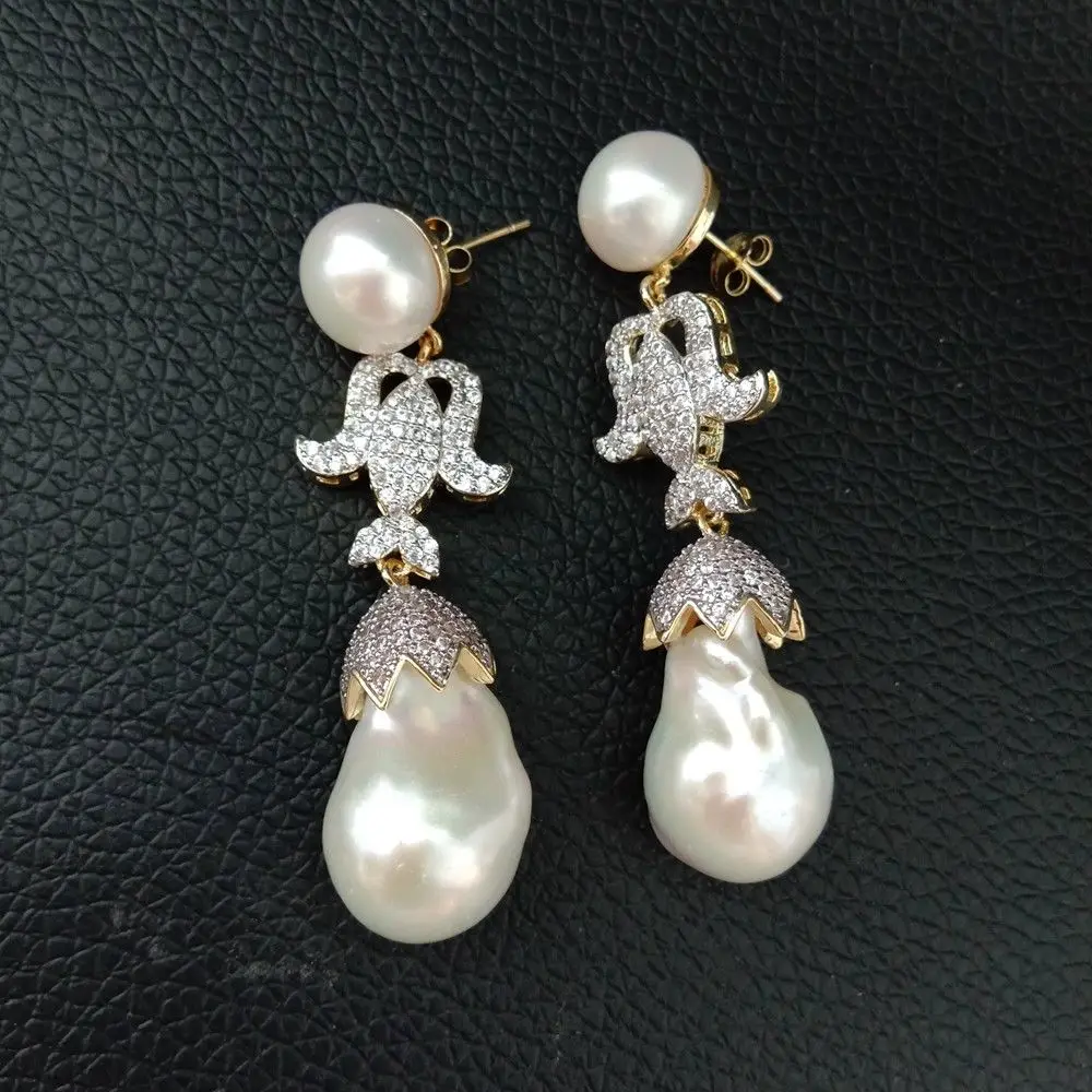 

15x24MM White Keshi Pearl CZ Pave Yellow Golden Plated Earrings