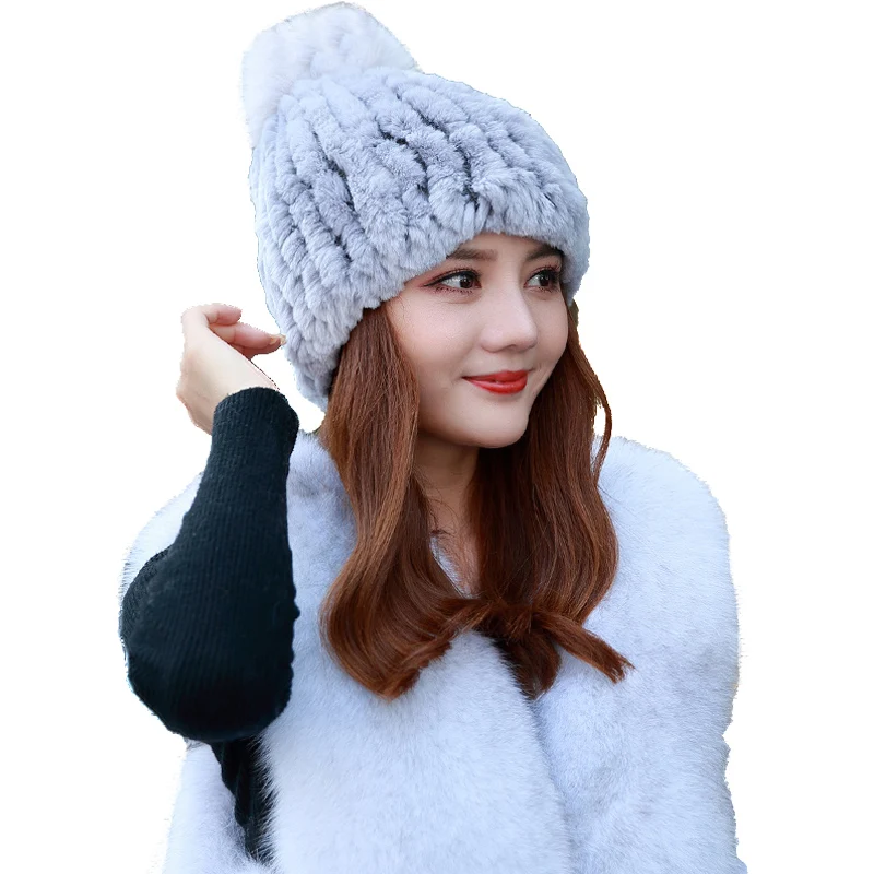 

Women Genuine Rex Rabbit Fur Beanies Caps With Fox Fur Pom Pom Hand-Woven Double Sides Tight Knit High Elastic