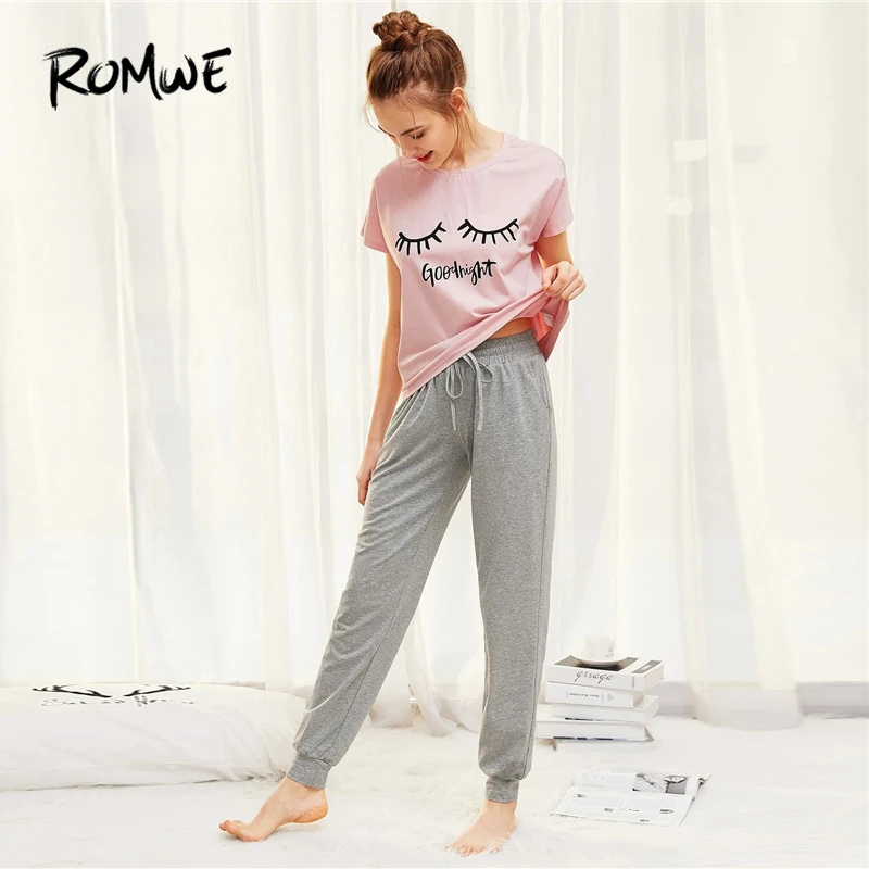 

ROMWE Multicolor Casual Graphic Tee And Heathered Sweatpants PJ Set Women Summer Knot Drawstring Pocket Pajama Set Nightwear