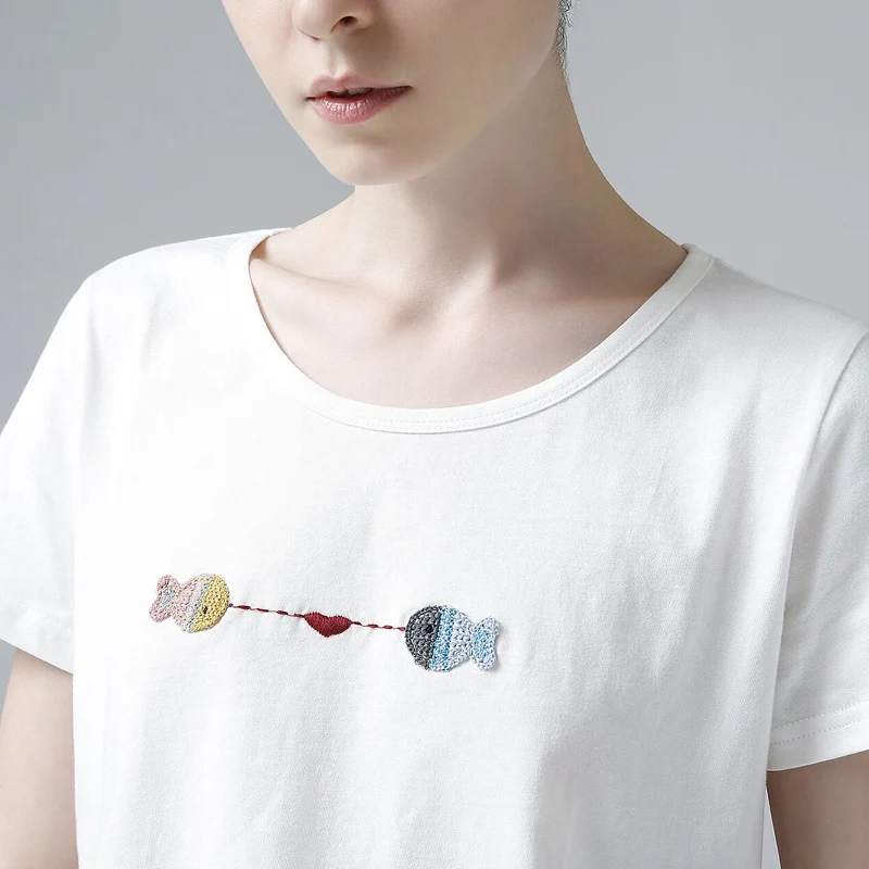 Toyouth جديد المتناثرة الأسماك المطبوعة النساء الإناث تي شيرت عارضة المحملة قمم الصيف قصيرة الأكمام القطن الأبيض T قميص المرأة الملابس