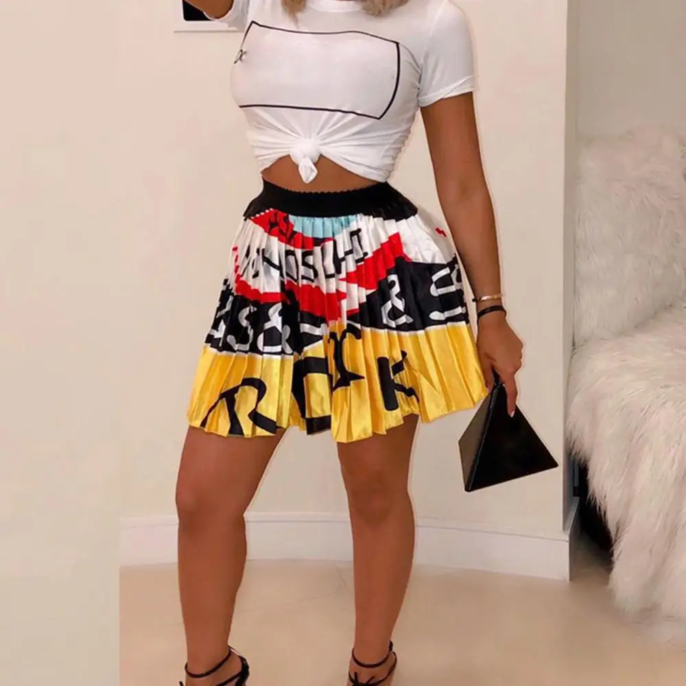 

Cartoon Printed Pleated Women Long Skirts Ladies High Waist A-Line Elastic Mini Skirt 2019 Summer Casual Female falda mujer BB4