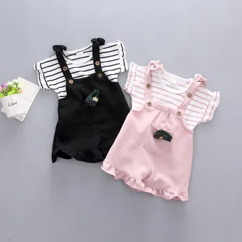 

Summer Baby Clothes Set Girl Short Sleeve T Shirt + Pockets Overalls Cotton Striped Girls Outfits M09