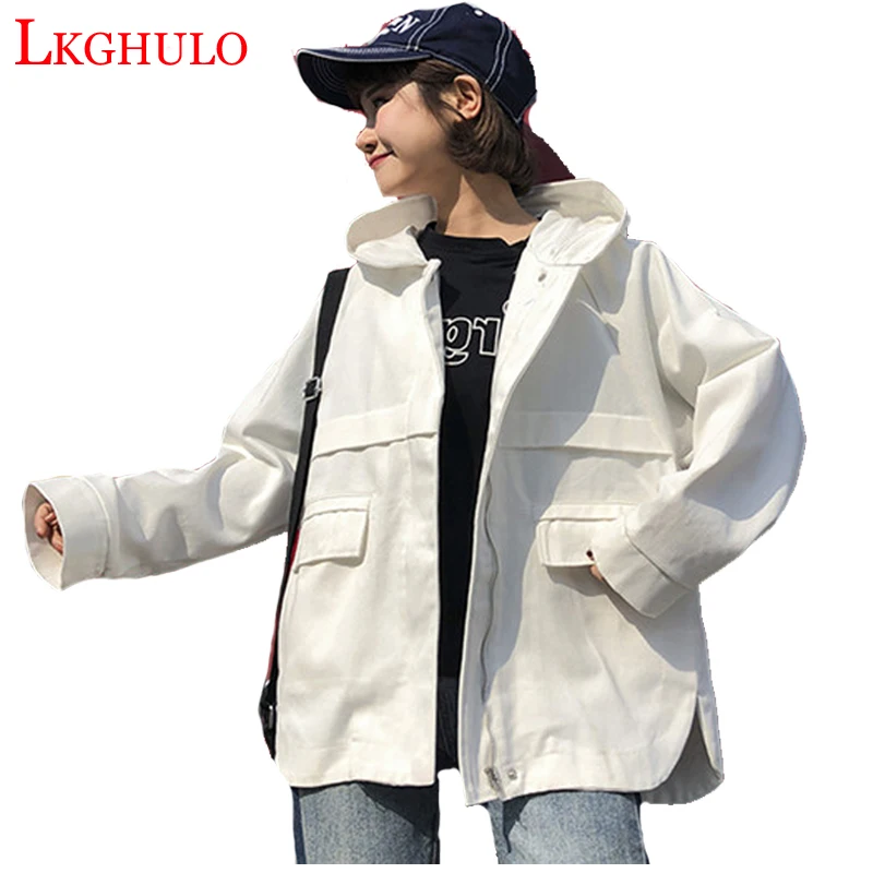 2018 Women Harajuku Spring Zipper Hooded Loose Big Windbreaker Jacket