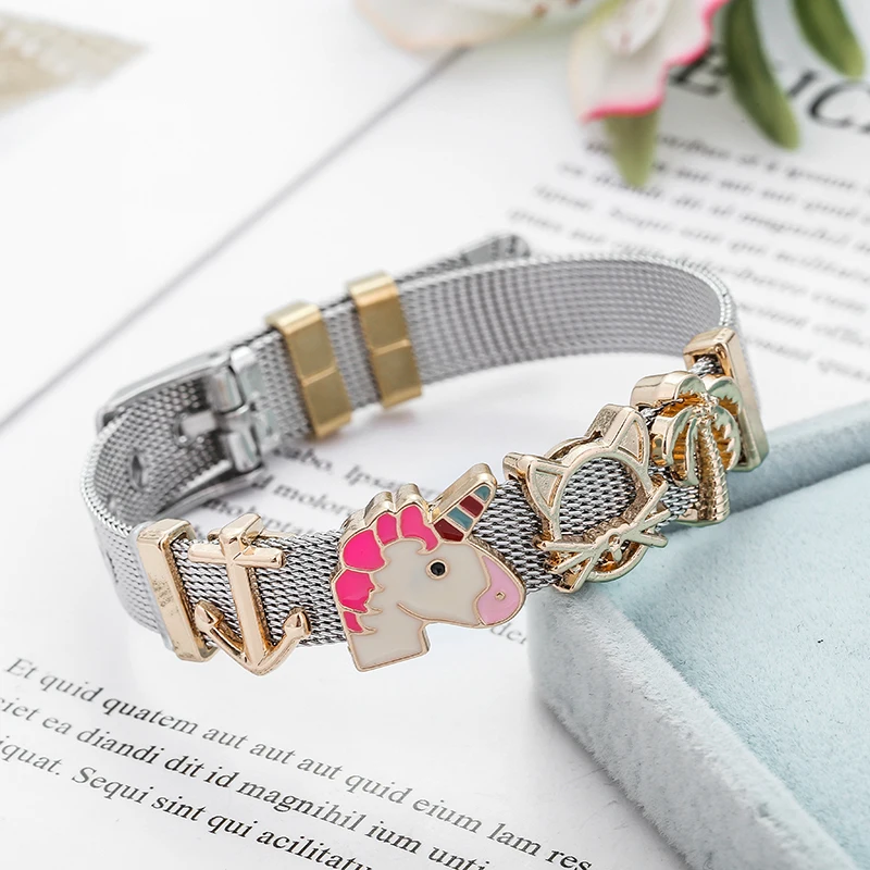 Новые дизайнерские украшения сердце Радуга Единорог изысканные подвески браслеты с нержавеющая сталь Хранитель сетки браслет набор для женщин подарок