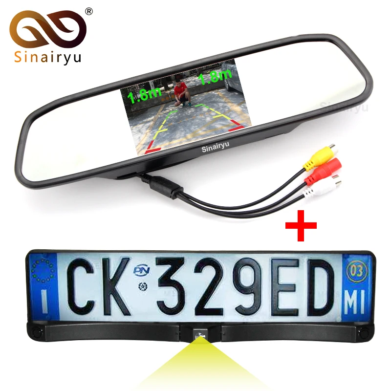 

3in1 HD CCD European Russia License Plate Frame Car Rear View Camera With 2 Parking Sensor + 4.3" Auto Parking Mirror Monitor