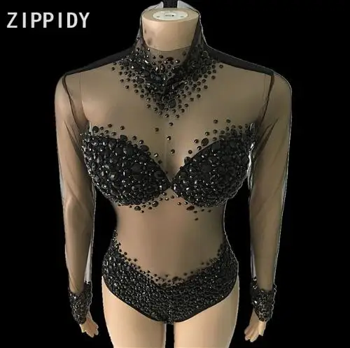 

2018 5 Colors Big Stone Mesh Bodysuit Birthday Party Dance Sexy Outfit Nightclub Bar Women Singer Team Costume Rhinestones Cloth