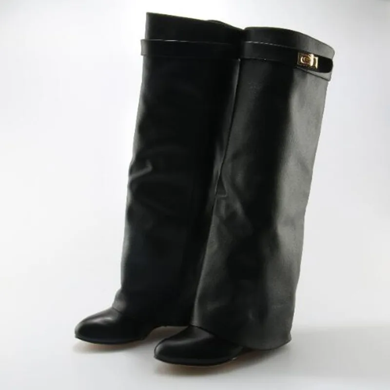 

Zobairou sapato feminino winter thigh high leather boots snow rain bota balck over the knee platform Shark Lock shoes woman