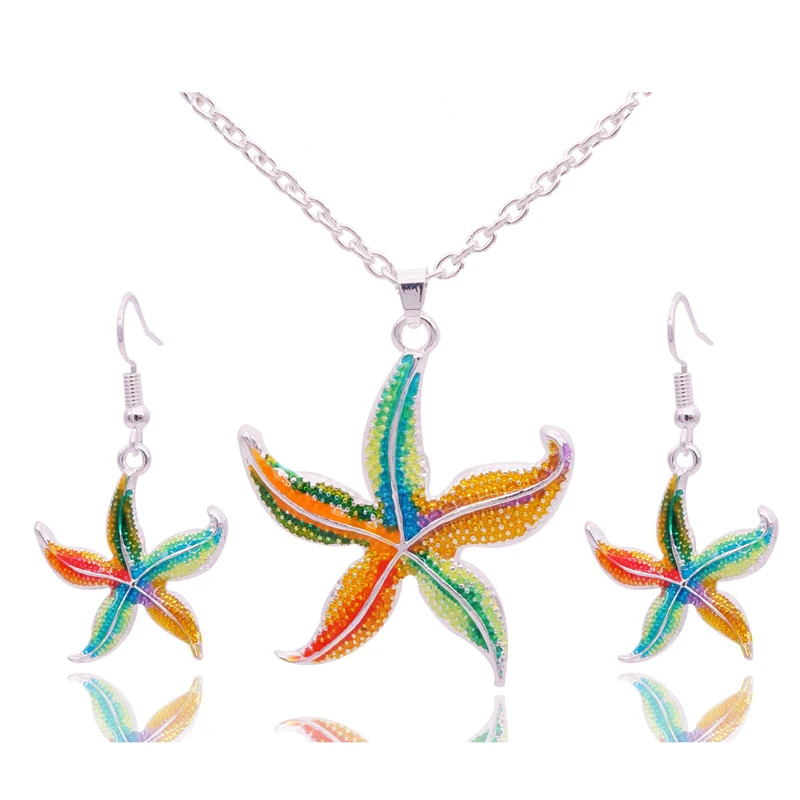 

Multi Color Enamel Starfish Pendant Necklace Unique Ethnic Sea Star Jewelry Set