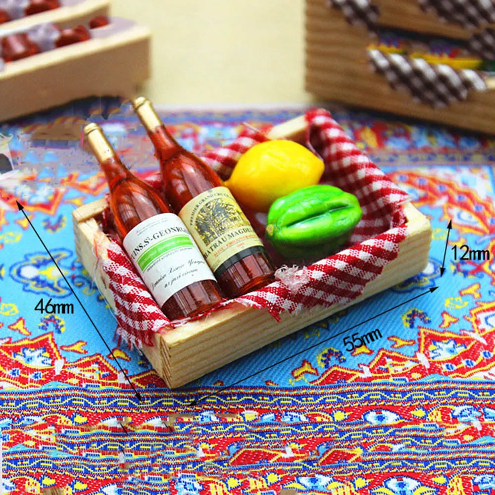 

1/12 Dollhouse Miniature Accessories Mini Fruit Wine Bottle Set with Box Simulation Food Model Toys for Doll House Decoration