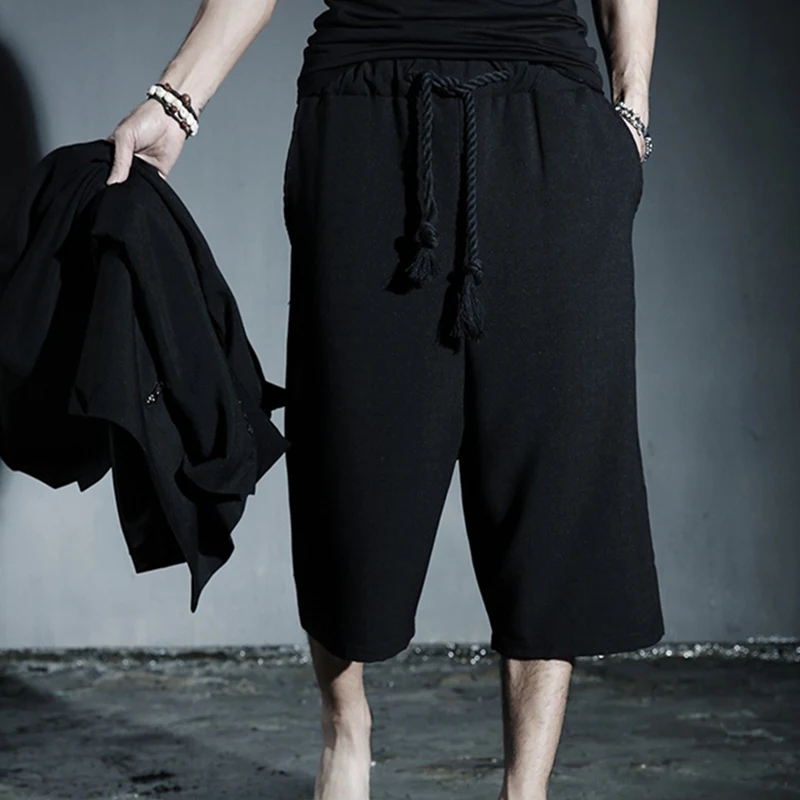 The summer men's rope tether elastic waist black casual pants 7