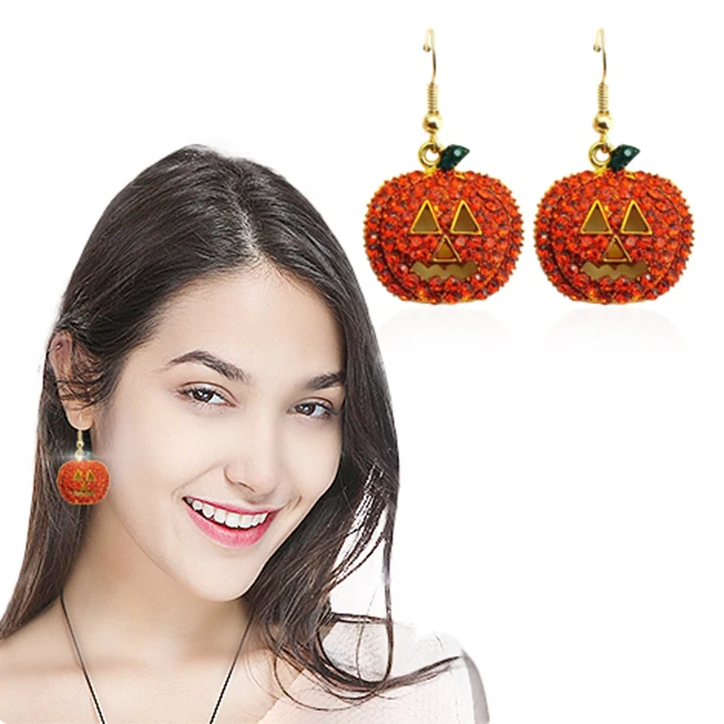 1 Pair New Gold Full Crystal Rhinestone Pumpkin Drop Dangle Earrings