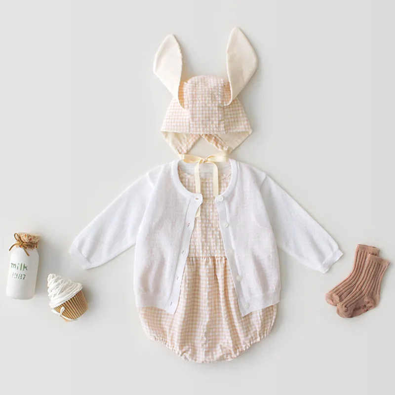 

0-3Yrs Baby Clothing 2019 Summer Baby Girls Rabbit Ears Bodysuits Infant Boys Jumpsuits Sleeveless Plaid Baby Outfit Clothes