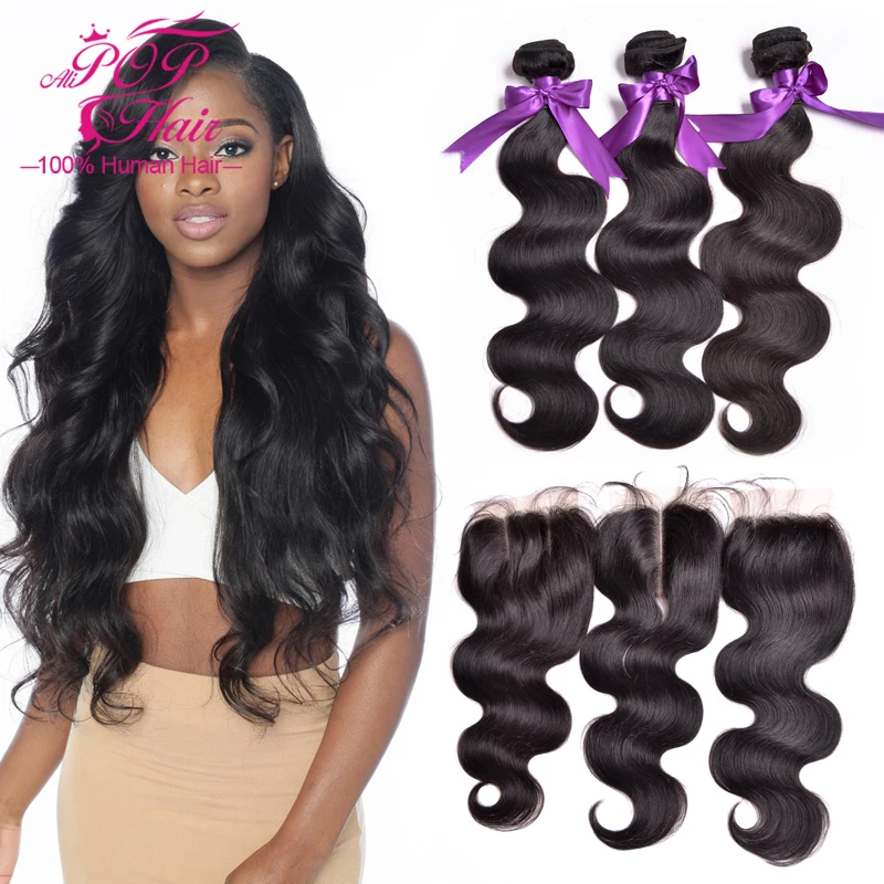 Brazilian Virgin Hair With Closure,Mink Brazilian Body Wave With Closure With Baby Hair,ALIPOP 3 Bundles Human Hair With Closure