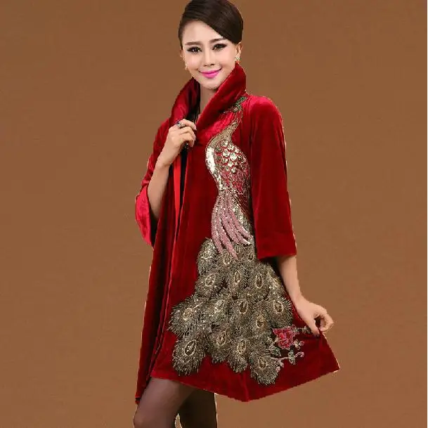 

New Autumn Women's silk Plus size 5XL Gold Velvet Peacock Embroidery Trench coat outerwear