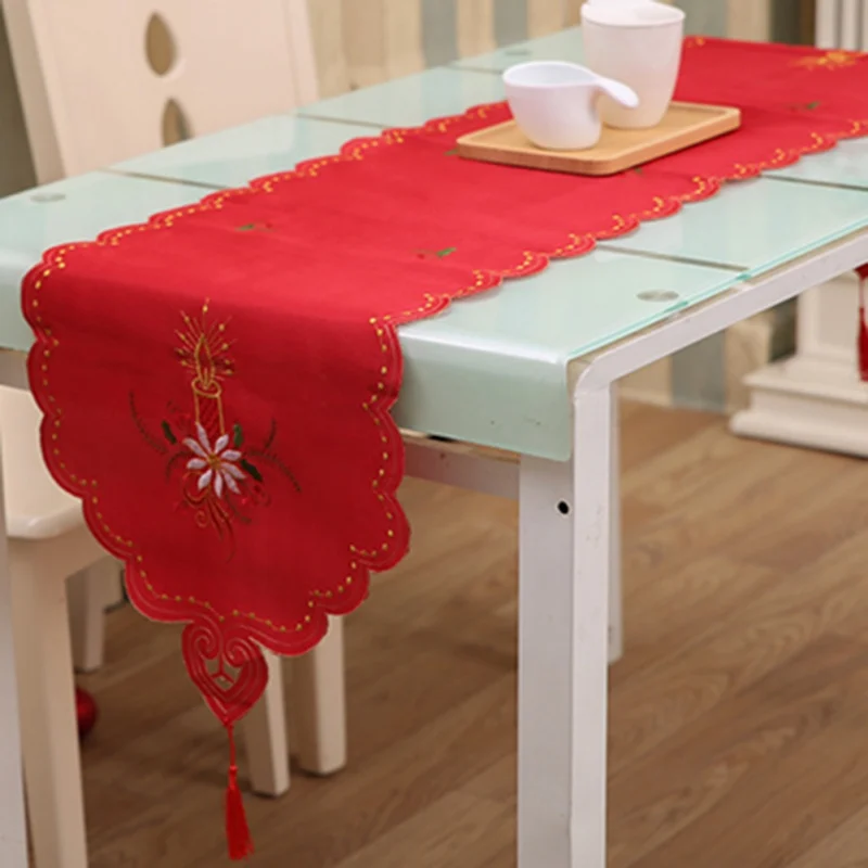 

Hot Christmas Embroidery Table Runner Placemats Tablecloth Mat Santa Snowflakes Festive Wedding Xmas Party Banquet Decor