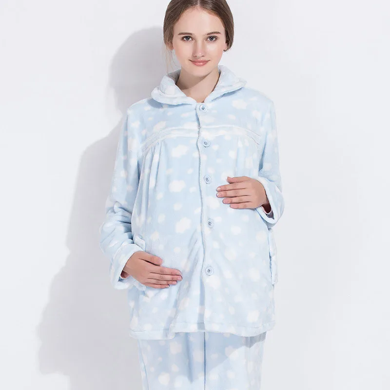 Emotion Moms зимняя Пижама для беременных комплекты ночного белья для грудного вскармливания Ночная сорочка для беременных костюм пижамы для беременных женщин - Цвет: Синий