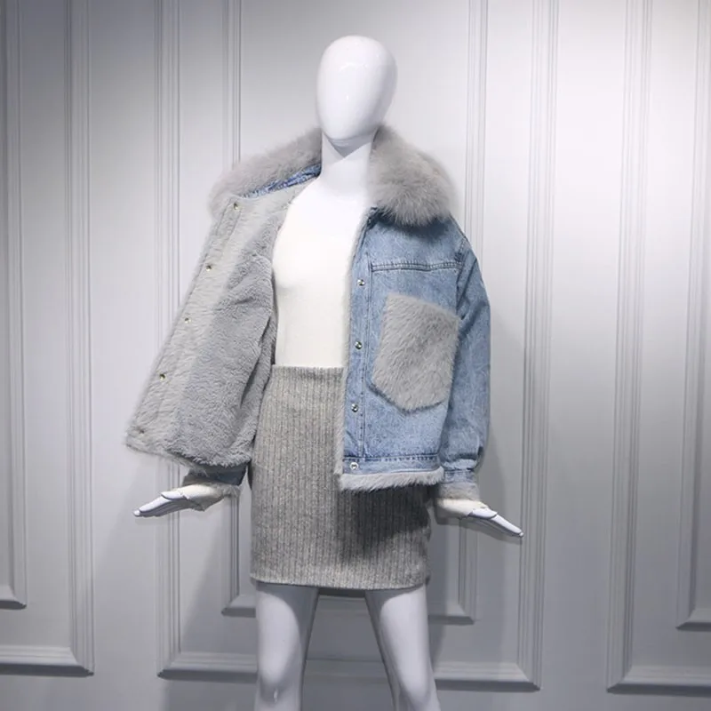 discount 2019 New Winter Fur Pockets natural Real Fox Fur Thick warm short Denim Jacket Women short Coat cha