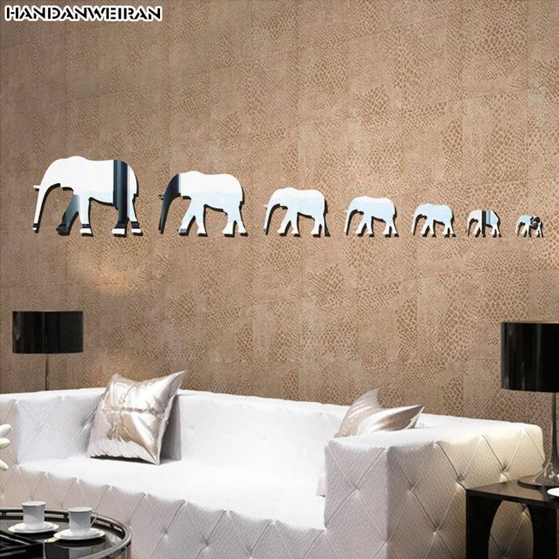 7pcs 3D elephants Mirror sticker Acrylic Cartoon Animal Mirror sticker