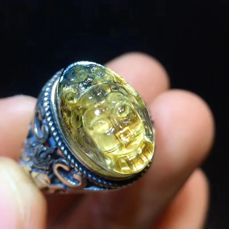 

16.5x10.4mm Natural Gold Rutilated Quartz Ring For Woman Man 925 Silver Sterling Metal Crystal Adjustable Size Rings AAAAA