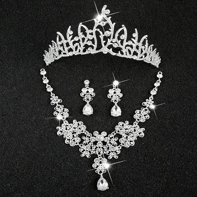 Hot Sale Sliver Plated Rhinestone Crystal Necklace+Earrings+Tiara 3pcs Jewelry Set For Bride Bridal Wedding Accessories (20)