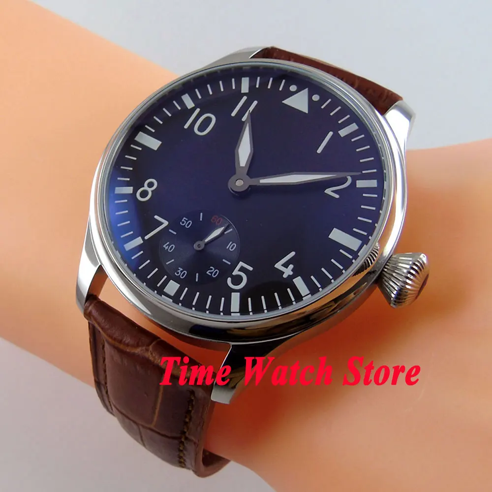 

Classic Vintage hand winding mens wristwatch 44mm luminous deployant clasp leather strap P33