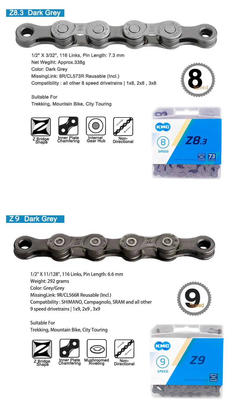 Top KMC Z Series Z8.3 Z9 Chain MTB Road 8/9 Speed Chain X Bridge Smooth Shifting Chain W/Missing Link 1