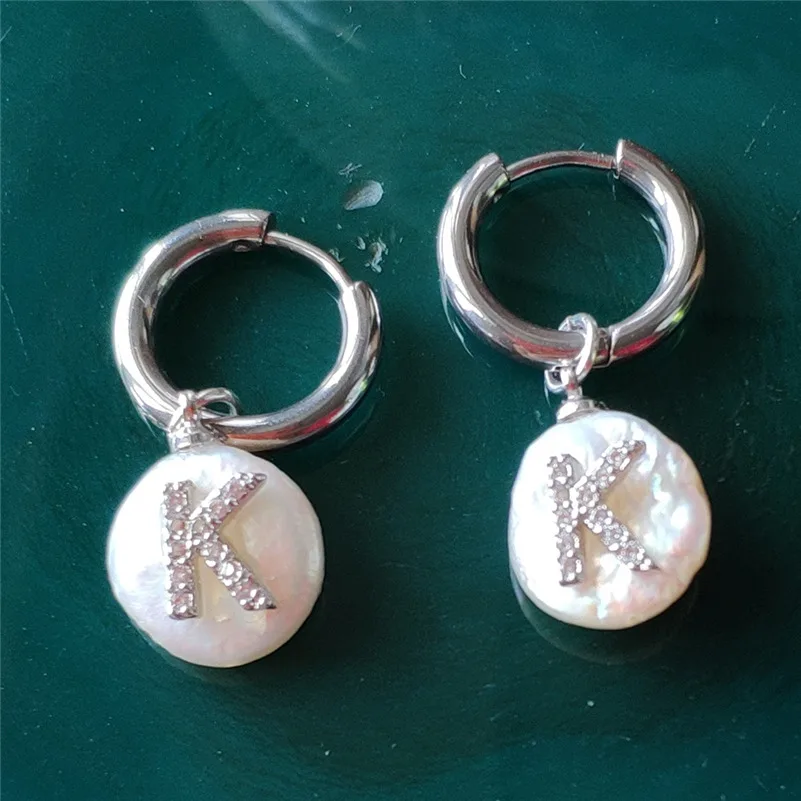 

natural flat coin freshwater pearl charm micro pave white CZ 26 alphabet letter gold silver statement hoop earring for women
