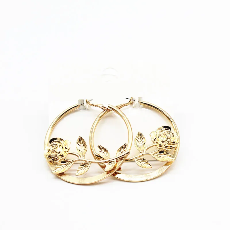 

Rosa Rugosa Gold Color Exquisite Relievo Rose Big Name Hoop Earrings Original Design Flower Earrings for Women Accessories E416