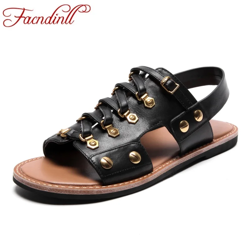 

FACNDINLL new women sandals genuine leather flat with punk style rivets gladiator summer sandals black shoes woman casual shoes