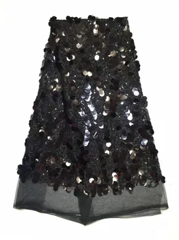 

2018 Black 3D Sequins French Lace Fabric with Mesh cloth High Quality African Tulle Lace Fabric with Sequins for Wedding White