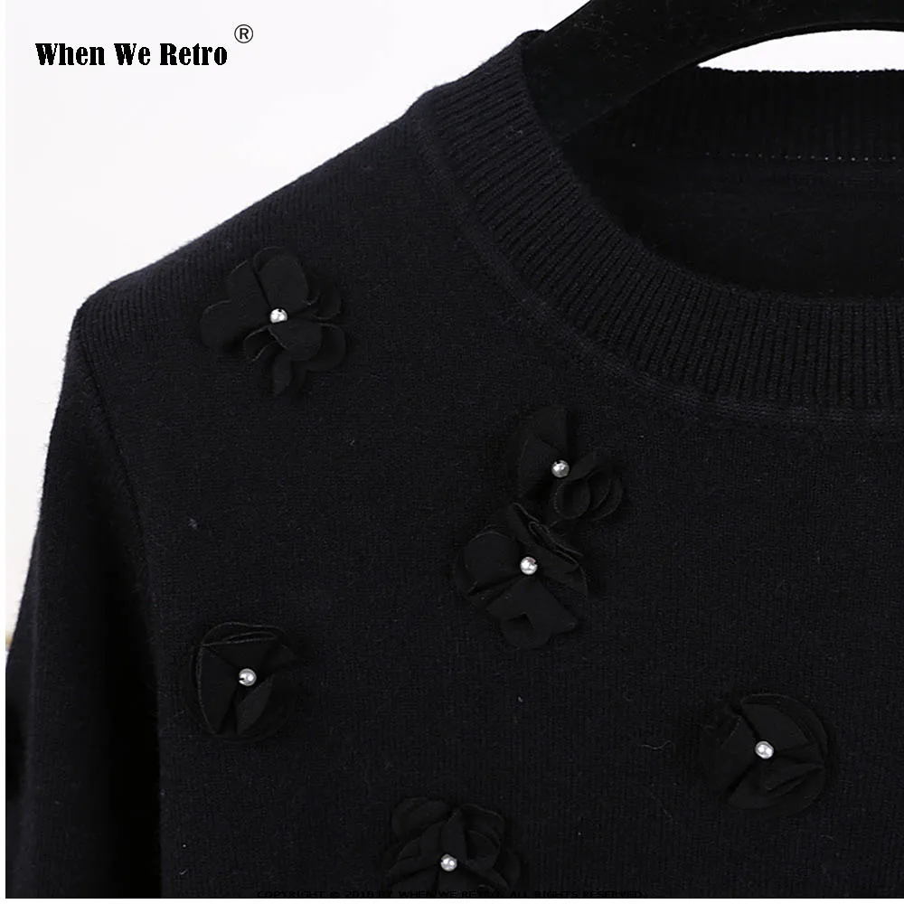 Когда мы ретро свитер с цветами ручной работы с жемчугом и бисером трикотажный джемпер осень-зима Женский пуловер черный, белый цвет свободные свитера YC03