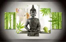 Wall Art bouddha bambou fleurs peinture à l’huile imprimé sur mur de toile Decor Canvas photos imprimé photos sans cadre 5 peças/set