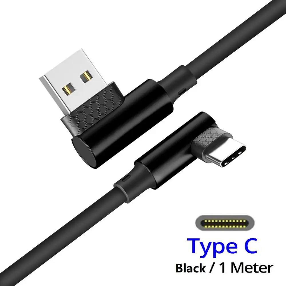 Кабель FONKEN usb type-C, 90 градусов, гнущийся USB C, игровой кабель 2.4A, тип L, изогнутый type-C, шнур для быстрой зарядки и передачи данных, 1 м, кабели для мобильных телефонов - Цвет: Черный