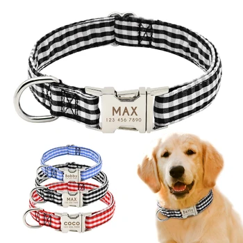 

Nylon Dog ID Collar Personazlied Dog Collars Customized Plaid Pet Collar For Small Medium Dogs Free Engraved Name Phone Number