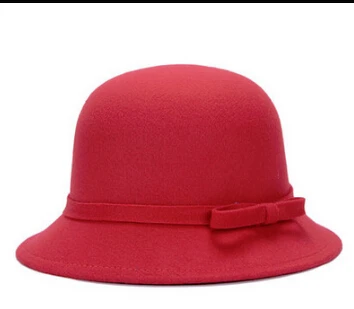 Женская зимняя винтажная элегантная шерстяная фетровая дамская шляпа-колокол с бантом - Цвет: Красный