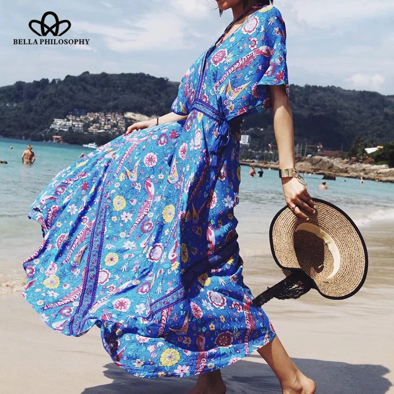 Wonder 2018 summer new women bohemian dress short sleeve V Neck female print dress high waist tassel ankle length dress