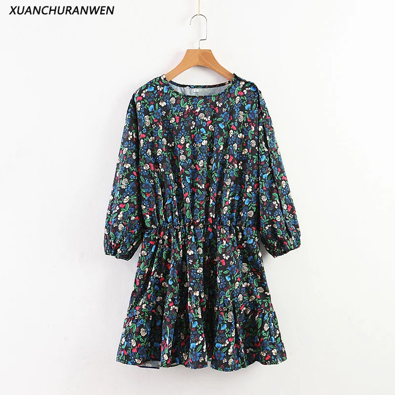 

New Summer O neck Floral Waist Playsuits Lantern Sleeve A-line Pleated Above Knee Vintage Printed Shorts Rompers XZ1982