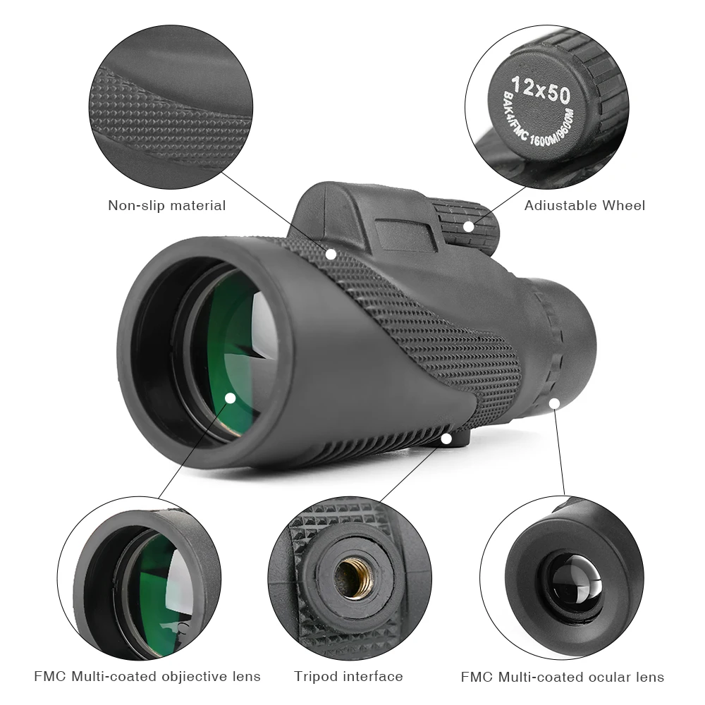 

ET 12X50 Monocular Telescope Set Hunting Outdoor BaK-4 Prism and Fully Multi-Coated FMC Lens Waterproof Steady Tripod
