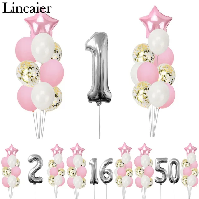 Lincaier Silver Pink Happy Birthday Number Balloons 1st 2 3 4 5 6 7 8 9 10 16 18 21st 30 40 50 Party Decorations Kids Girl Adult