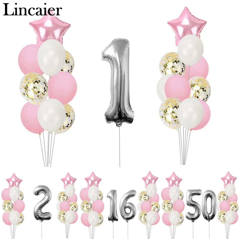 

Silver Pink Happy Birthday Number Balloons 1st 2 3 4 5 6 7 8 9 10 16 18 21st 30 40 50 Party Decorations Kids Girl Adult