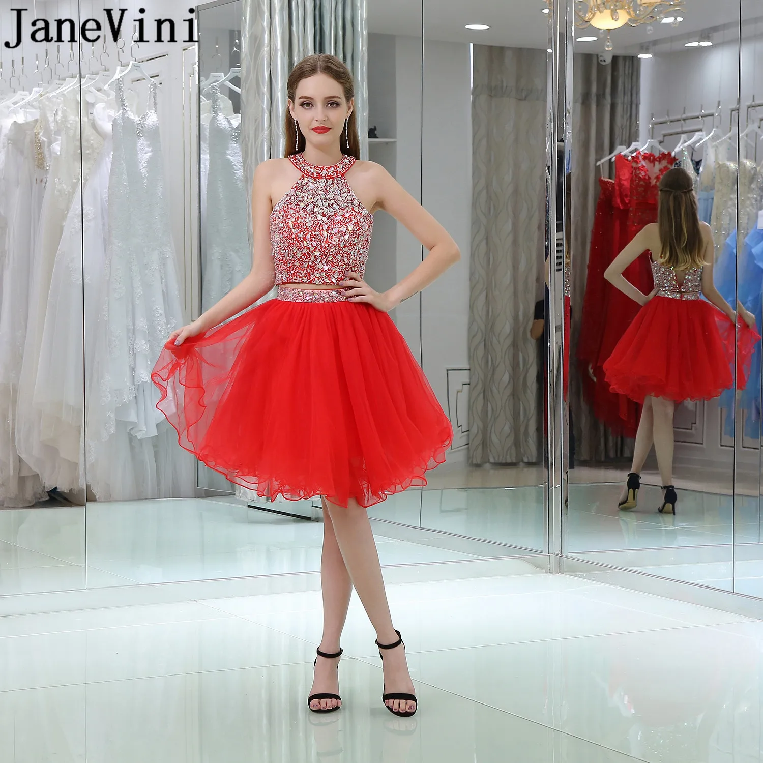 JaneVini Bling Выпускные платься с бисером красного цвета из двух частей блестками