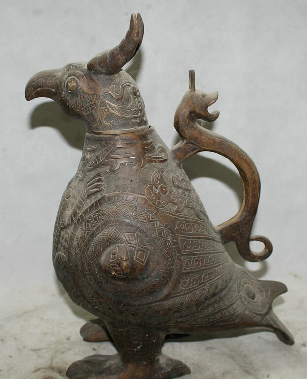 

Elegant old S2275 15" Chinese Dynasty palace Purple Bronze bird Beast handle Wine Tea Pot Flagon (A0321)