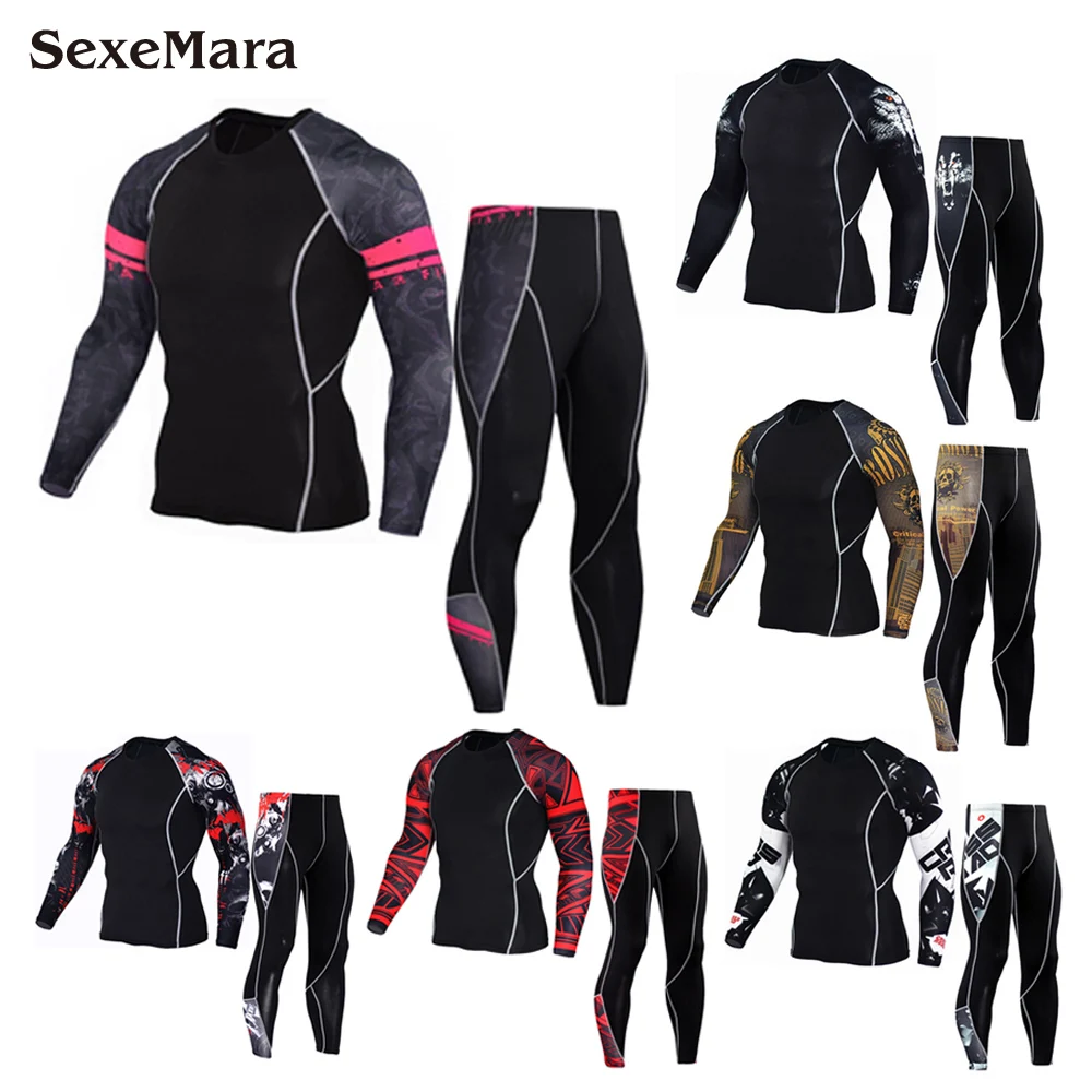 

2018 NEW Mens Compression Set Running Tights Fitness Training Tracksuit Long Sleeves Shirts Sport Suit rashgard Workout kits