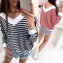 Новинка года, Женская Осенняя блузка с глубоким v-образным вырезом, женская блузка в полоску, футболка для девочек, свитер с длинными рукавами, свитер для йоги, рубашки