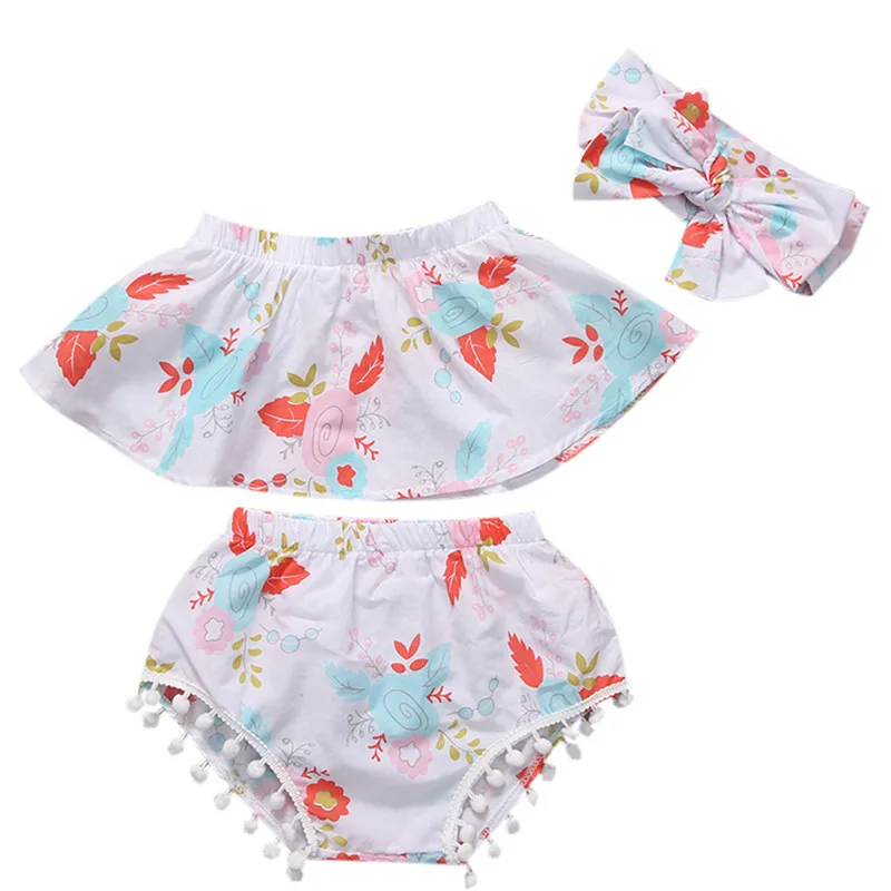 3Pcs Infant Baby Girl Floral Print Clothes Set Strapless Off Shoulder Crop Top Tassel Shorts Panties Headband 0-24M | Мать и ребенок
