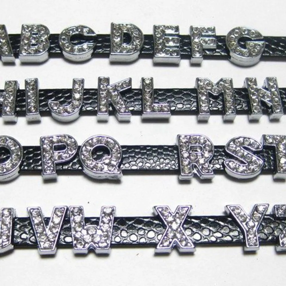 20 Rhinestone Letter Beads Slide Charm Fit 8mm Wristbands Pick Your