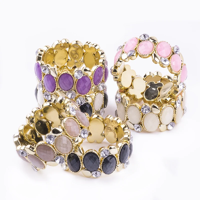 Classic Resin Cuff Wide Bracelets Bangles for Women New Fashion Stretch Round Crystal Gold Metal Bracelet Simple Charm Jewelry (4)
