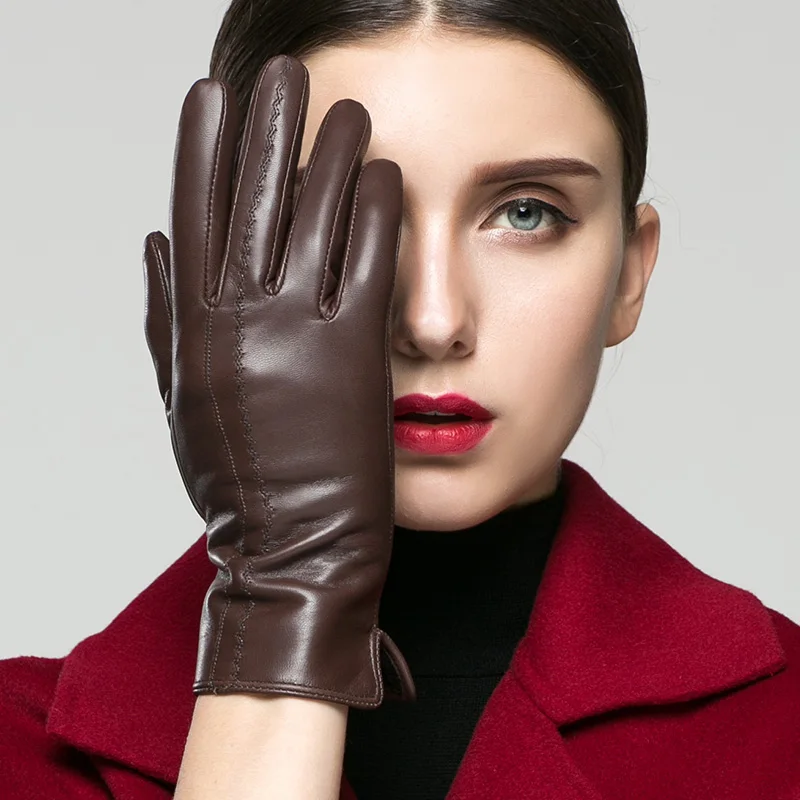 KLSS Brand Genuine Leather Women Gloves Autumn Winter Plus Velvet Fashion Elegant Lady Goatskin Glove For Driving NEW 33