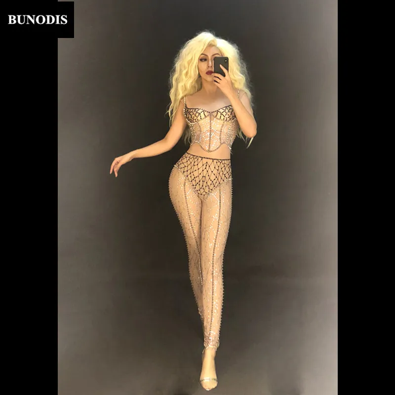 

ZD360 Women Sexy Net Yarn Jumpsuit Sleeveless Full Of Sparkling Crystals Bodysuit Nightclub Party Stage Wear Dancer Singer Show