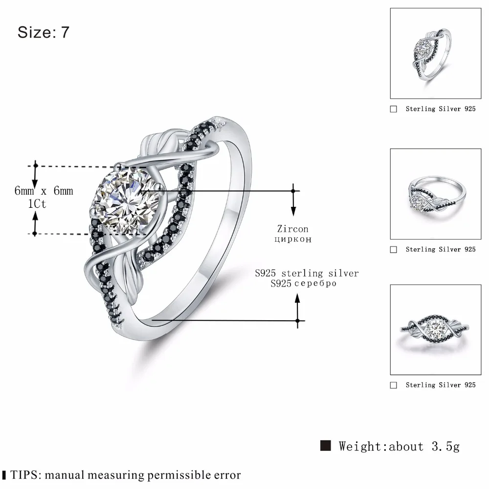 [Черный AWN] 3,5 г натуральная 925 пробы серебряные ювелирные изделия черный и белый камень свадебные кольца для женщин C307